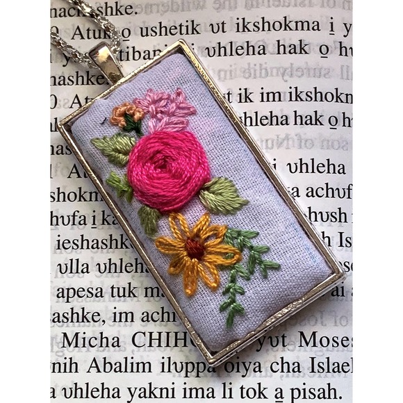 Handmade Embroidery Floral Design Necklace - Rectangle Bezel - Picture 2 of 4